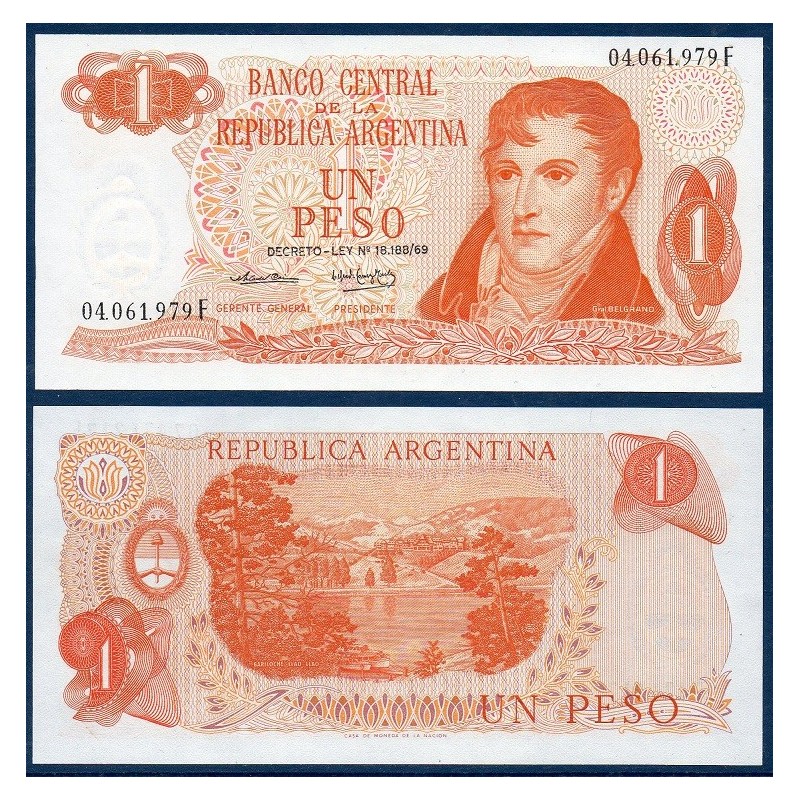 Argentine P.293, neuf Billet de 1 Peso 1974 Bariloche