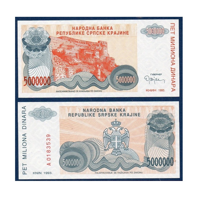 Croatie P.R24a, neuf Billet de 5000000 Dinara 1993 orange Knin