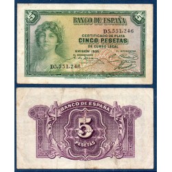 Espagne P.85a, Tb+ Billet de 5 pesetas 1935 femme