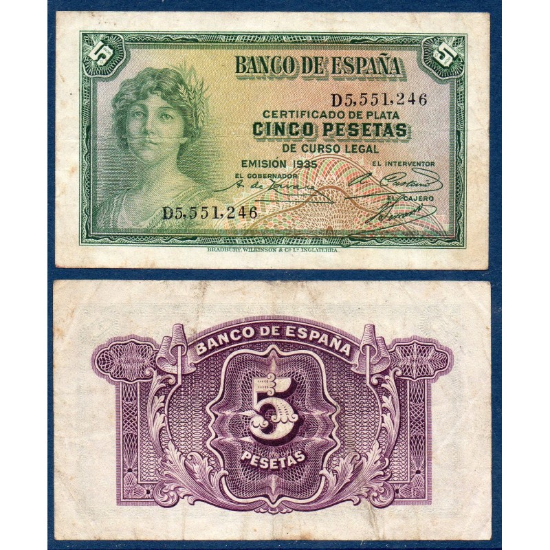 Espagne P.85a, Tb+ Billet de 5 pesetas 1935 femme