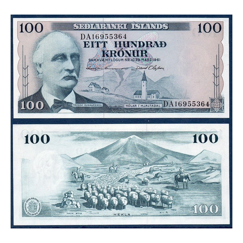 Islande P.44a, neuf Billet de 100 kronur 1961 Tryggvi Gunnarsson