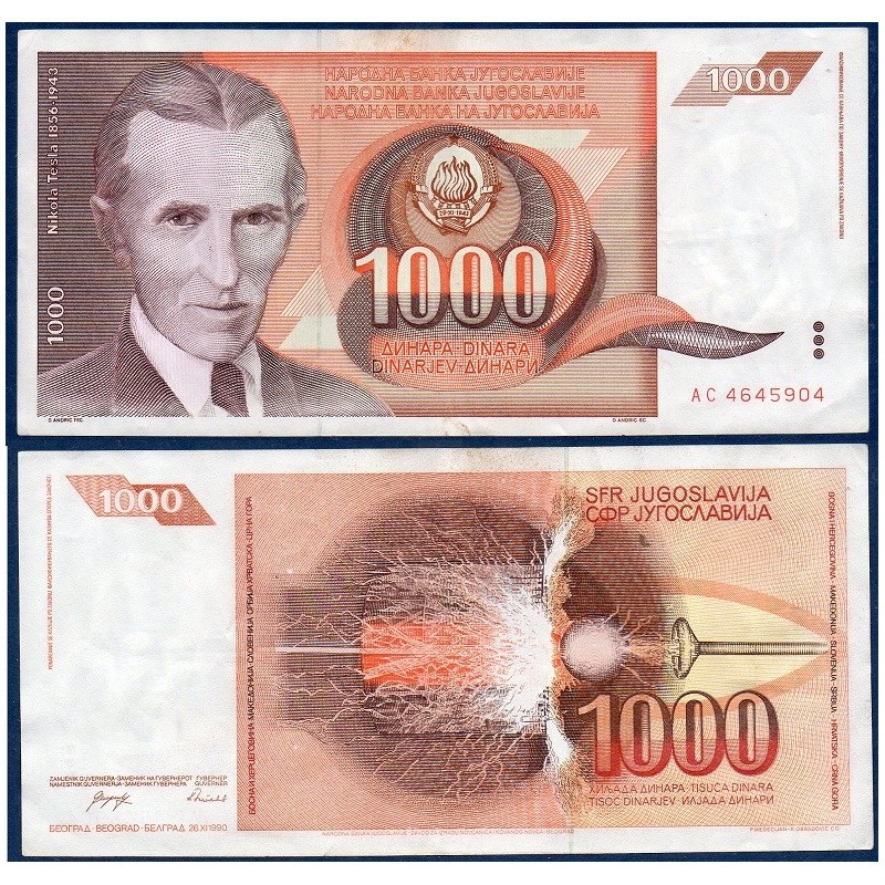 Yougoslavie P.107, TTB Billet de 1000 Dinara 1990 nikola Tesla