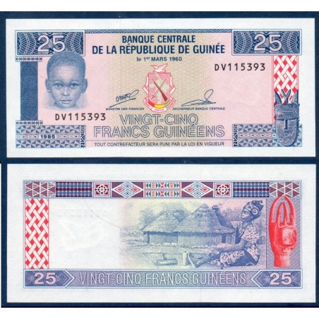 Guinée P.28a, Neuf, Billet de 25 Francs 1985 Huttes