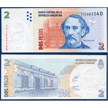 Argentine P.352, neuf Billet de 2 Pesos 2002 Bartolomé Mitre