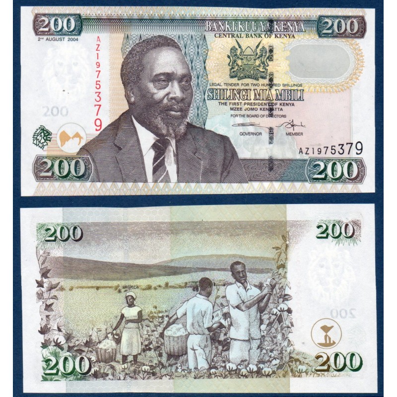 Kenya P.43b, Neuf, Billet de 200 Shillings 2.8.2004 Coton