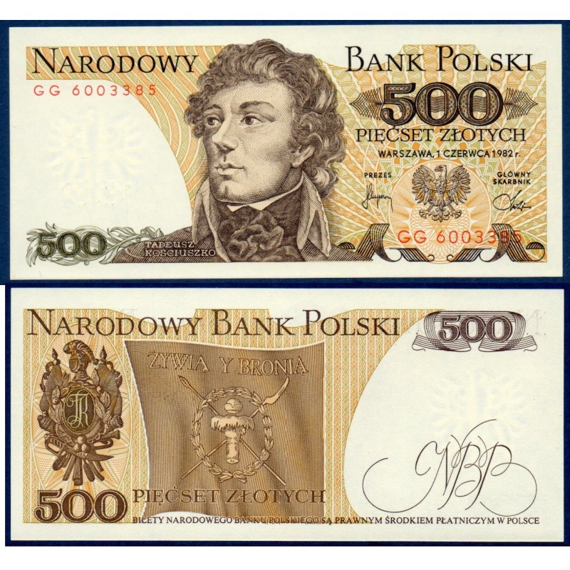 Pologne P.145d, Neuf, Billet de 500 Zlotych 1982 Kosciuszko