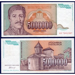 Yougoslavie P.132, TTB Billet de 5.000.000 Dinara 1993 Karadorde Petrovic