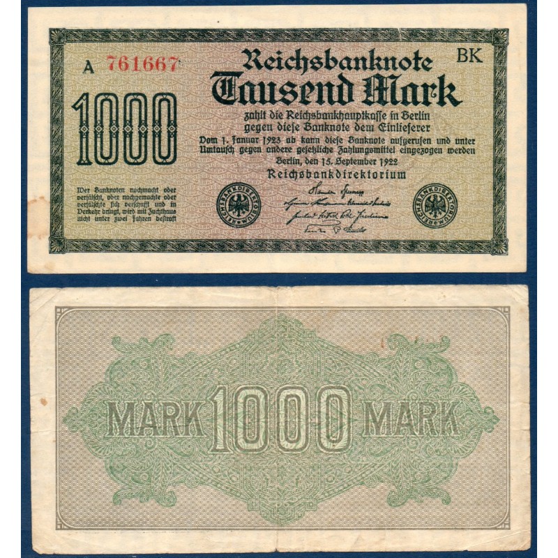 Allemagne P.76c, TB Billet de 1000 Mark 1922 motif grec