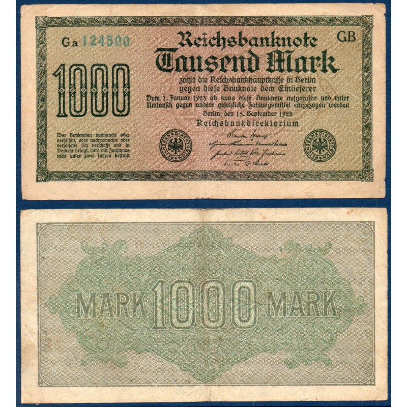 Allemagne P.76e, TB Billet de 1000 Mark 1922 onludé