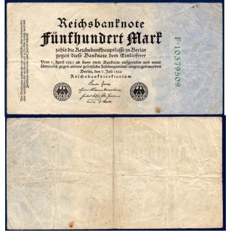 Allemagne P.74c, TB Billet de 500 Mark 1922 8 digits