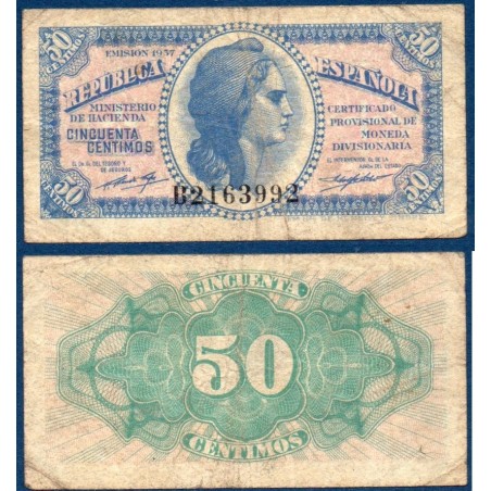 Espagne P.93, TB Billet de 50 centimos 1937 liberté