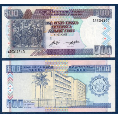 Burundi P.38c, Neuf, Billet de 500 Francs 2003 Tableau