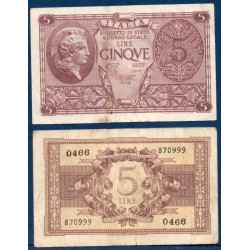 Italie P.31b, TB Billet de 5 Lire 1944 Minerve