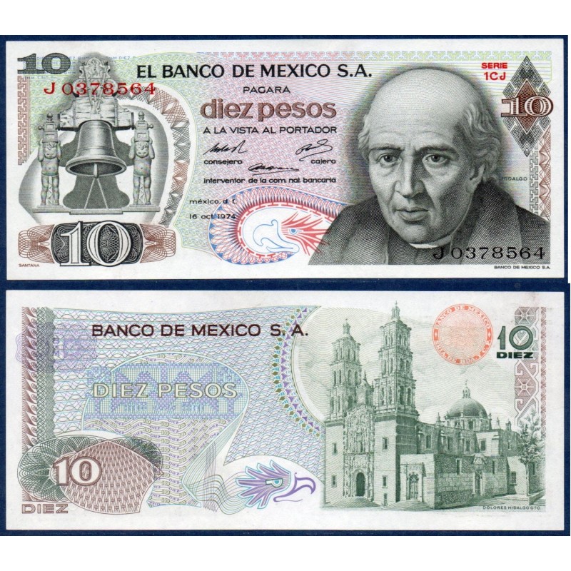 Mexique Pick N°63g, Billet de Banque de 10 pesos 1974