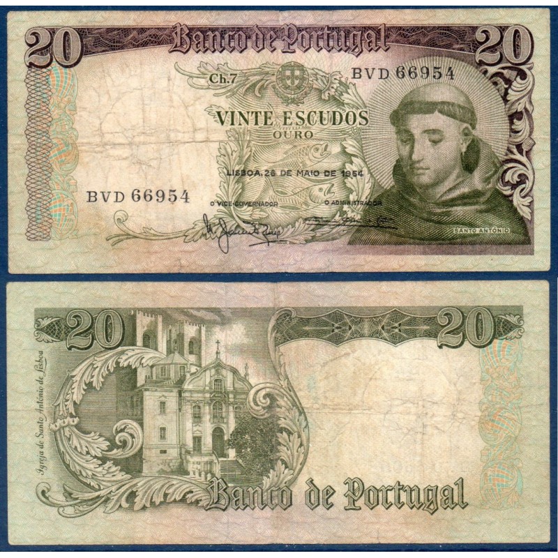 Portugal P.167b, B, Billet de 20 Escudos 1964 Saint Antoine