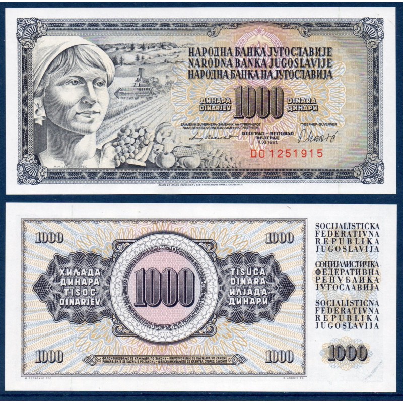 Yougoslavie P.92d, neuf Billet de 1000 Dinara 1981 paysanne