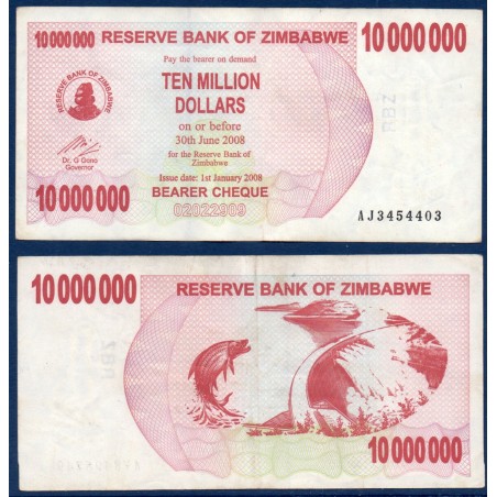 Zimbabwe P.55a, TTB, Billet de 10 millions Dollars 2008 Carmin