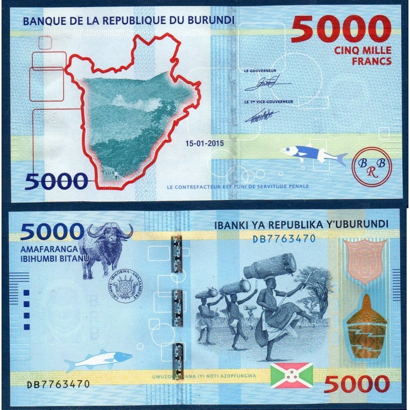 Burundi P.53a, Neuf, Billet de 5000 Francs 2015 Buffle danseurs