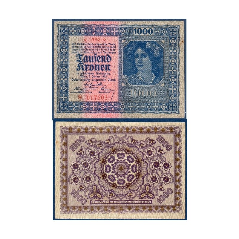 Autriche P.78, TTB Billet de 1000 Kronen 1922 bleu