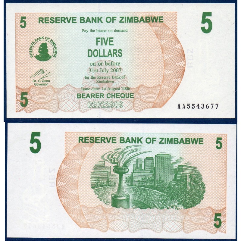 Zimbabwe P.38, Neuf, Billet de 5 Dollars 2006 Harare