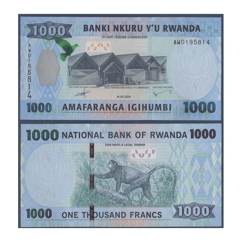 Rwanda P.39a, Neuf, Billet de 1000 Francs 2015 Bleu