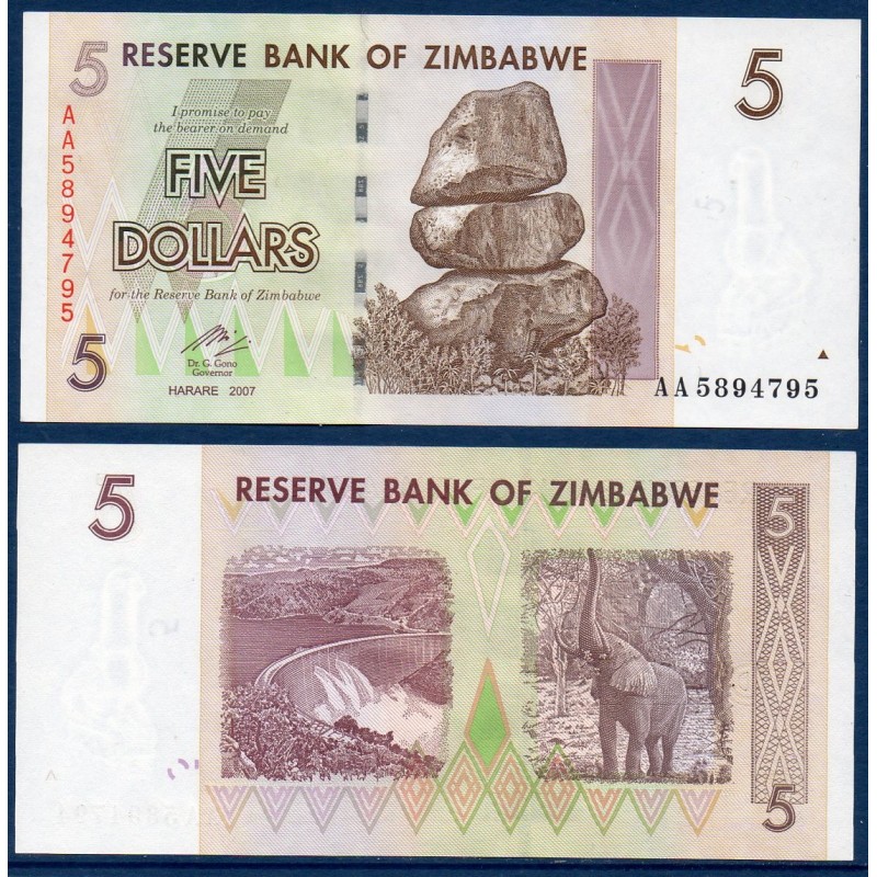 Zimbabwe P.66, Neuf, Billet de 5 Dollars 2007 Roches empilées