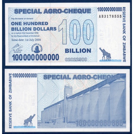 Zimbabwe P.64, Neuf, Billet de 100 billion de Dollars 2008 Girafes