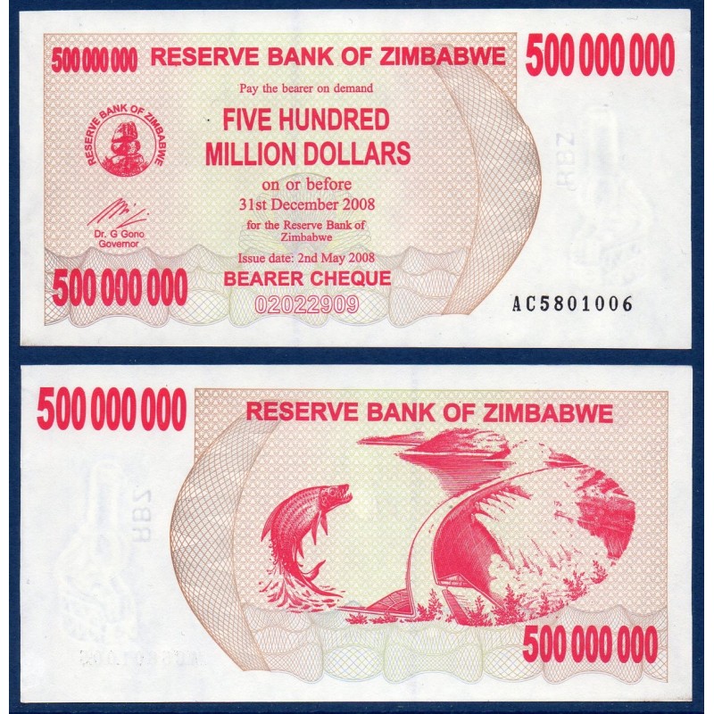 Zimbabwe P.60, Neuf, Billet de 500 million Dollars 2008 Pourpre