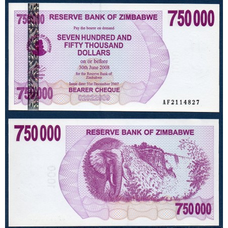 Zimbabwe P.52, Neuf, Billet de 750000 Dollars 2007 Cascade