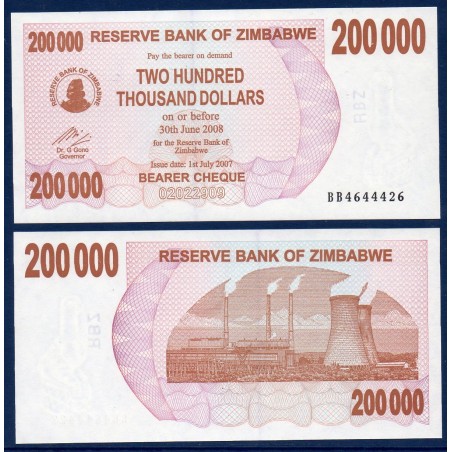 Zimbabwe P.49, Neuf, Billet de 200000 Dollars 2007 Usine