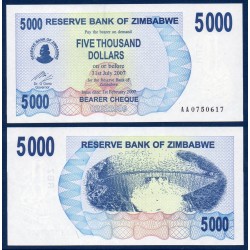 Zimbabwe P.45, Neuf, Billet de 5000 Dollars 2007 Centrale hydroélectrique