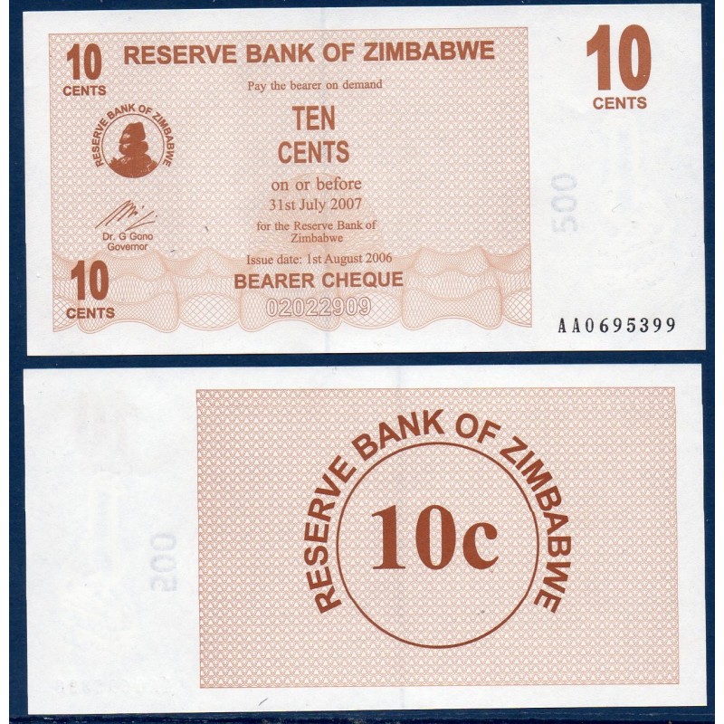 Zimbabwe P.35, Neuf, Billet de 10 Cents 2006 Marron