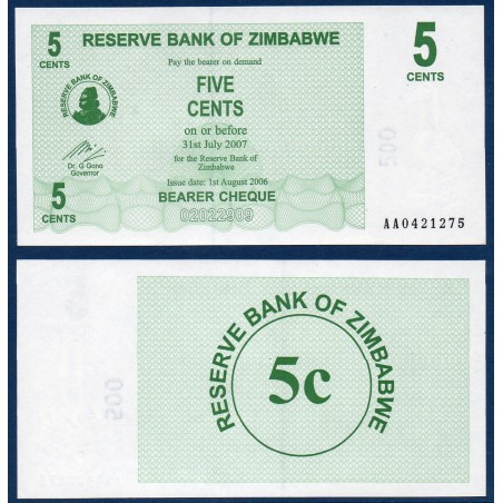 Zimbabwe P.34, Neuf, Billet de 5 Cents 2006 Vert