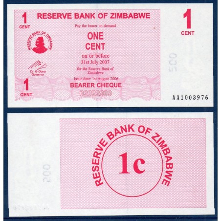 Zimbabwe P.33, Neuf, Billet de 1 Cent 2006 Rose