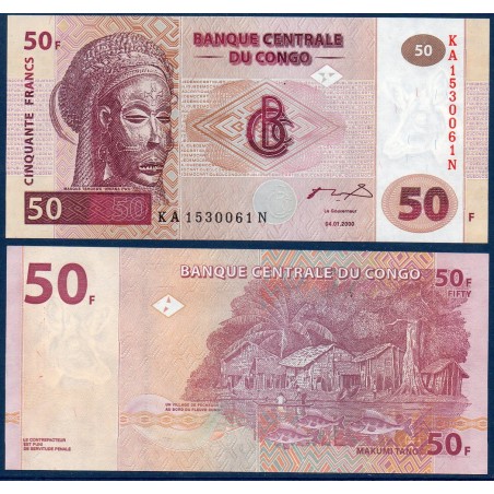 Congo P.91A, Neuf, Billet de 50 Francs 2000 Village pêcheurs