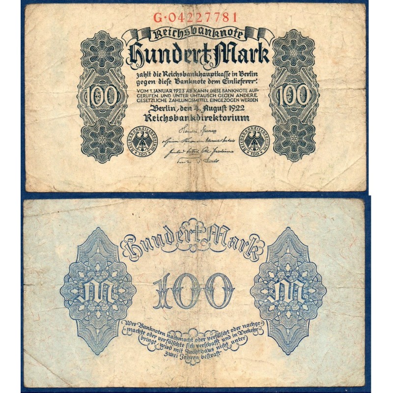 Allemagne P.75, TB Billet de 100 Mark 1922 gris