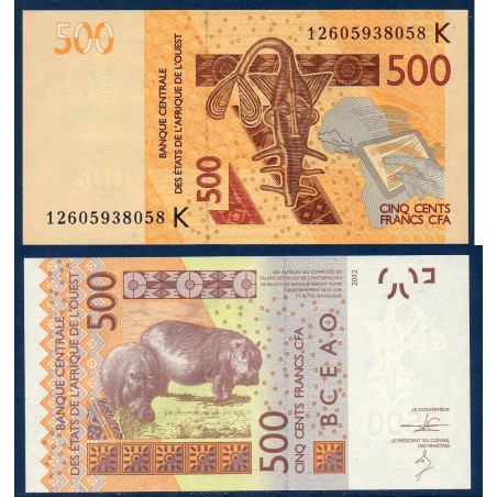 BCEAO P.719Ka Senegal, Neuf, Billet de 500 Francs CFA 2012 hippopotames