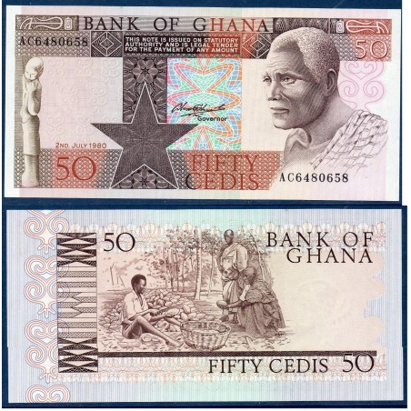 Ghana P.22b, Neuf, Billet de 50 Cedis 1980 Cacaoculteurs