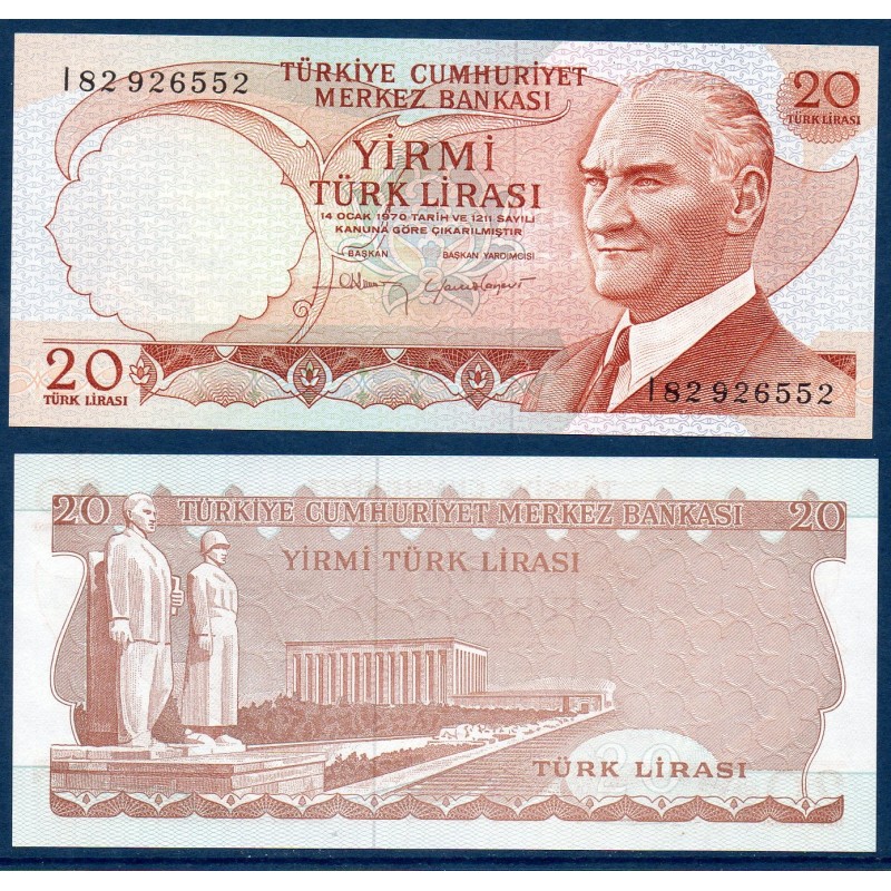 Turquie P.187b, neuf Billet de 20 Lira 1974 mausolée