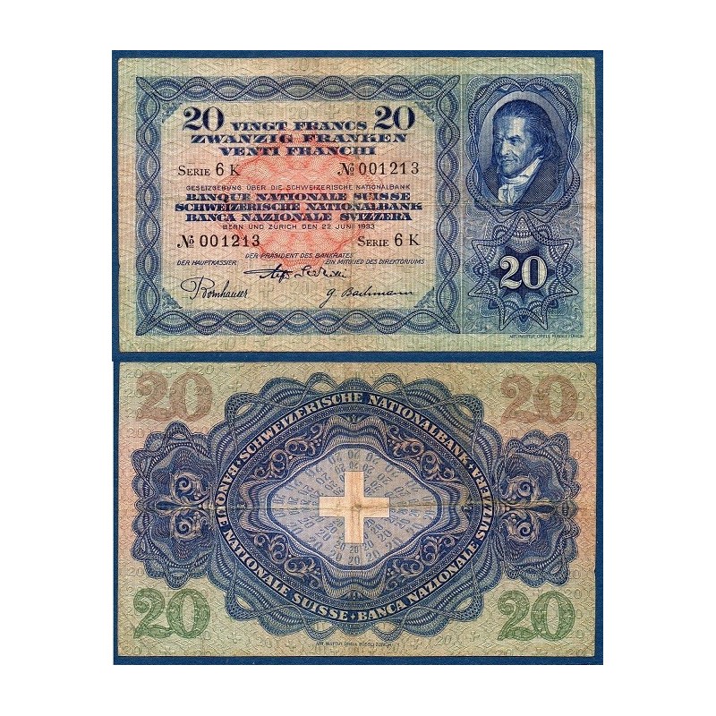 Suisse P.39d, TB, Billet de 20 Francs 1933 Pestalozzi