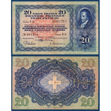 Suisse P.39d, TB, Billet de 20 Francs 1933 Pestalozzi