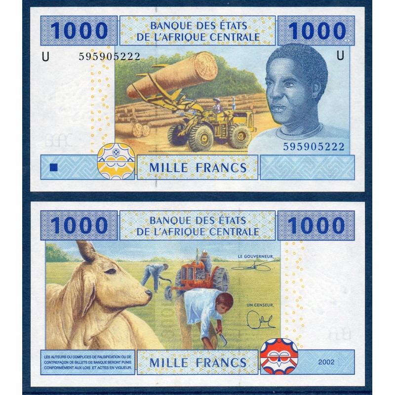 Afrique Centrale P.207Ud Cameroun, Neuf, Billet de 1000 Francs CFA 2002 boeuf