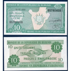 Burundi P.33d, Neuf, Billet de 10 francs 1997-2003  Frontière armoiries