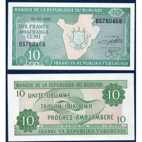 Burundi P.33d, Neuf, Billet de 10 francs 1997-2003  Frontière armoiries