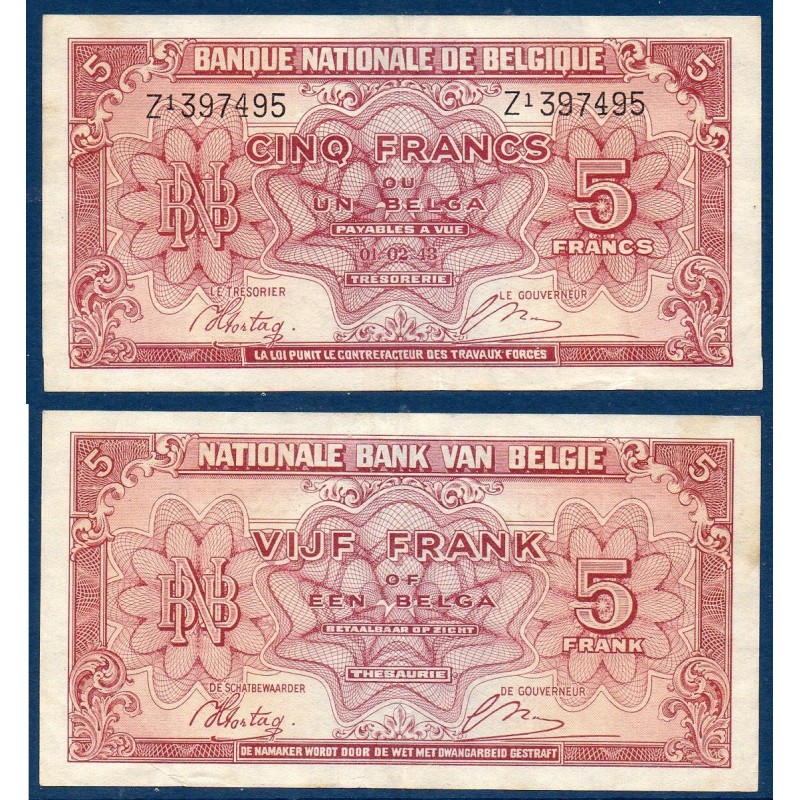 Belgique Pick N°121, TTB Billet de banque de 5 Francs Belge 1943