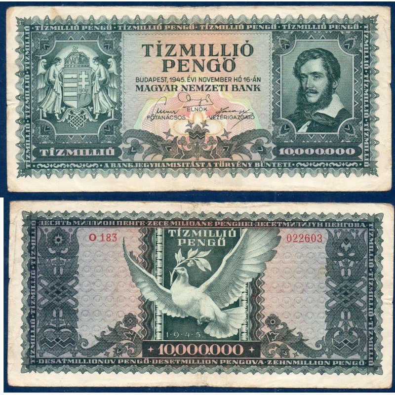 Hongrie P.123, TB Billet de 10 millions Pengo 1945 Kossuth Lajos