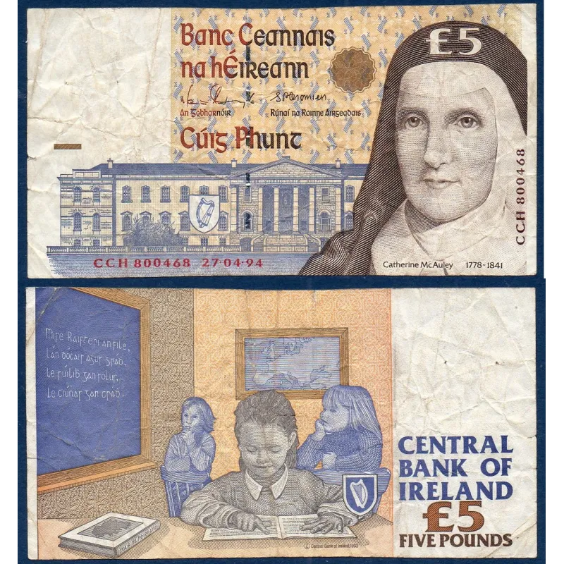 Irlande P.75a, TB Billet de 5 livres 1994 Catherine McAuley