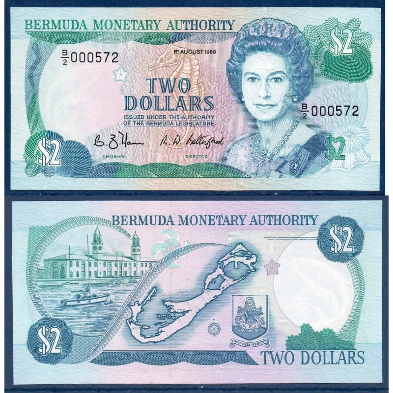 Bermudes P34b, neuf Billet de 2 dollars 1989 port royal