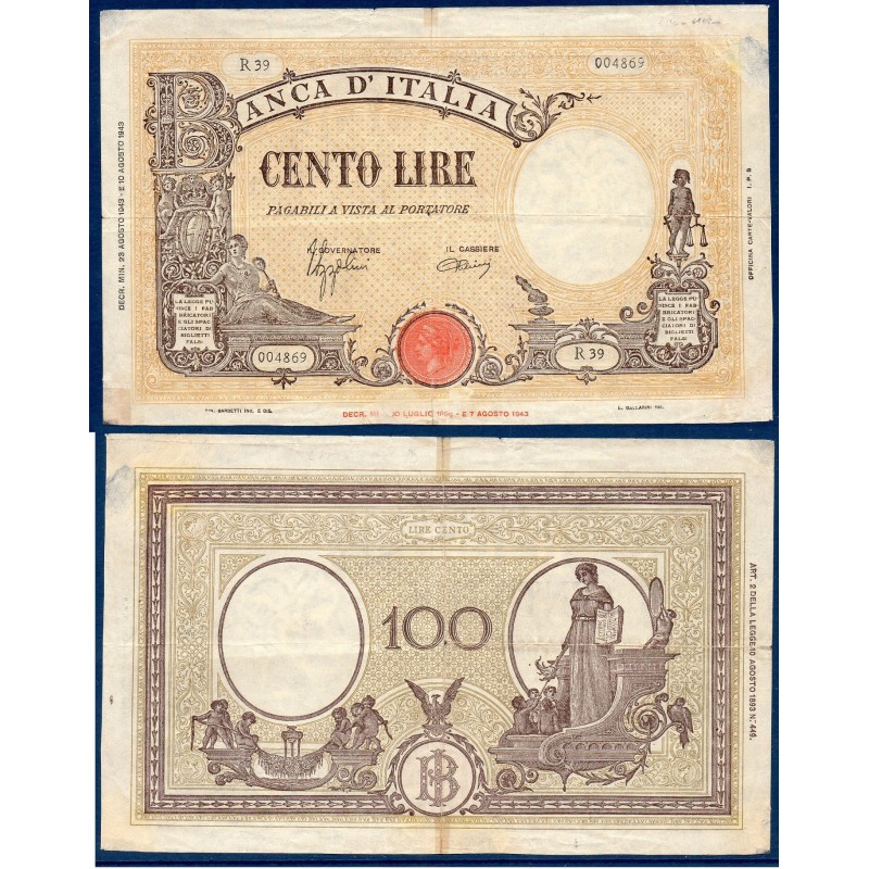 Italie P.67a, TTB- Billet de 100 Lire 23.8.1943 Justice Science