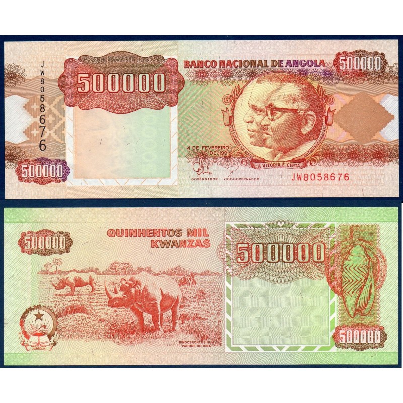 Angola P.134, Billet de 500000 Kwanzas 1991 Rhinocéros